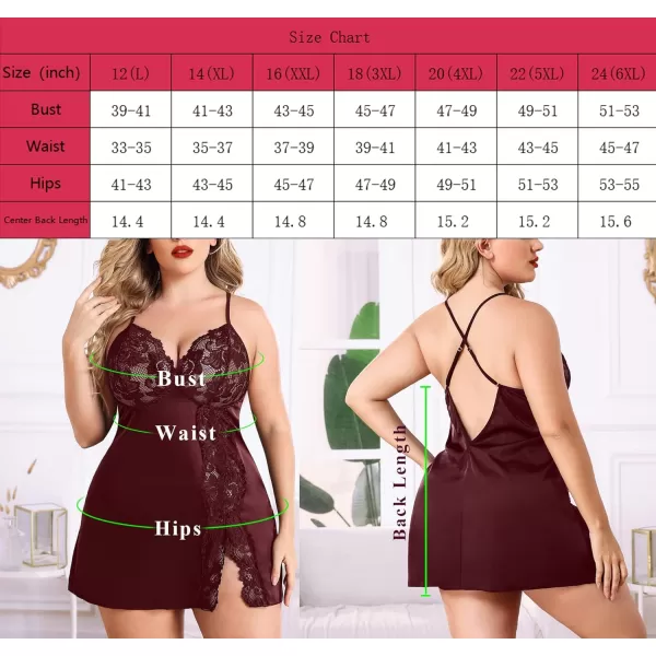 Avidlove Plus Size Lingerie For Women Sexy Satin Nightgown Lace Babydoll Side Slit Strappy Chemise FloralDark Red