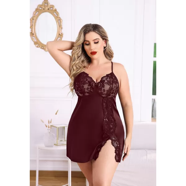 Avidlove Plus Size Lingerie For Women Sexy Satin Nightgown Lace Babydoll Side Slit Strappy Chemise FloralDark Red