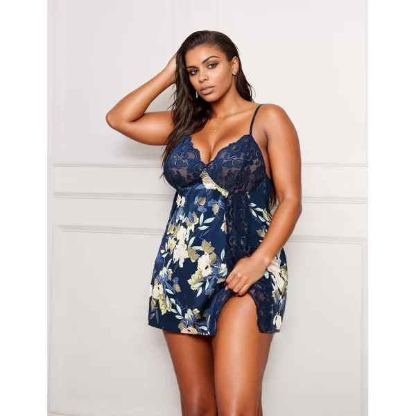 Avidlove Plus Size Lingerie For Women Sexy Satin Nightgown Lace Babydoll Side Slit Strappy Chemise FloralFloral Navy