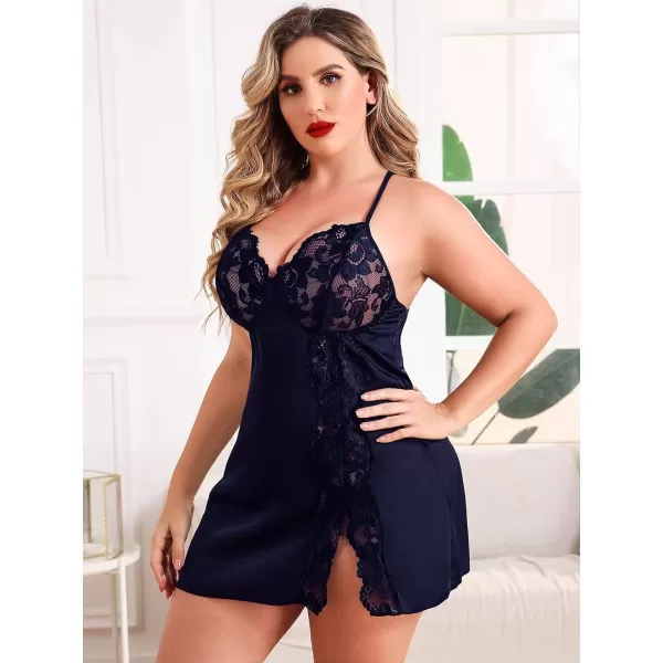 Avidlove Plus Size Lingerie For Women Sexy Satin Nightgown Lace Babydoll Side Slit Strappy Chemise FloralNavy Blue