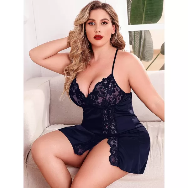 Avidlove Plus Size Lingerie For Women Sexy Satin Nightgown Lace Babydoll Side Slit Strappy Chemise FloralNavy Blue