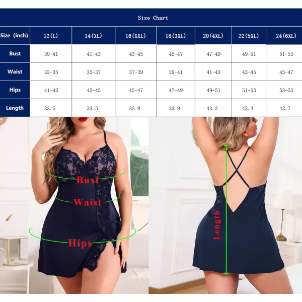 Avidlove Plus Size Lingerie For Women Sexy Satin Nightgown Lace Babydoll Side Slit Strappy Chemise FloralNavy Blue