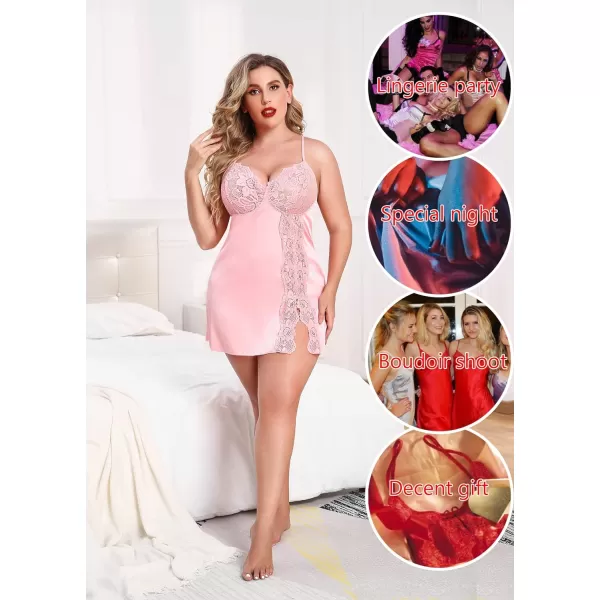 Avidlove Plus Size Lingerie For Women Sexy Satin Nightgown Lace Babydoll Side Slit Strappy Chemise FloralPink