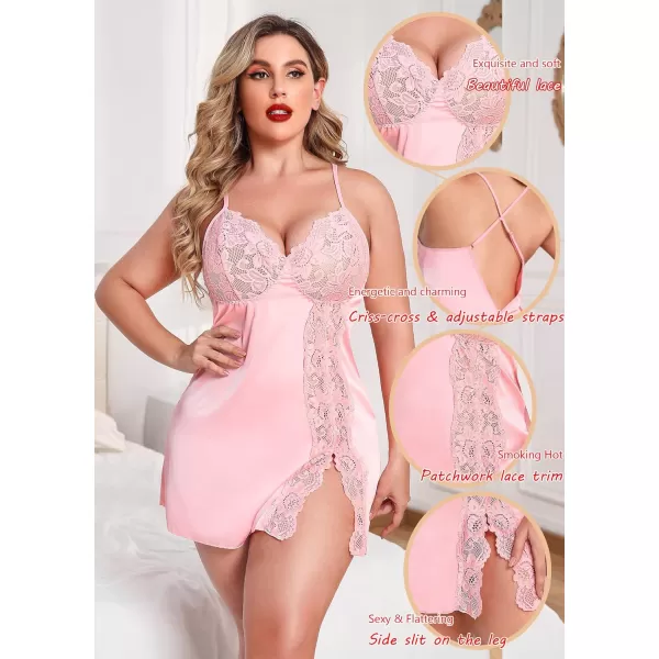 Avidlove Plus Size Lingerie For Women Sexy Satin Nightgown Lace Babydoll Side Slit Strappy Chemise FloralPink