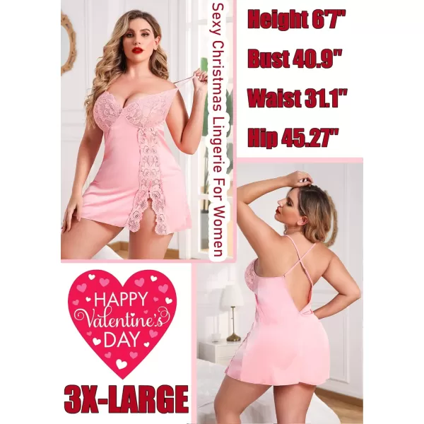 Avidlove Plus Size Lingerie For Women Sexy Satin Nightgown Lace Babydoll Side Slit Strappy Chemise FloralPink