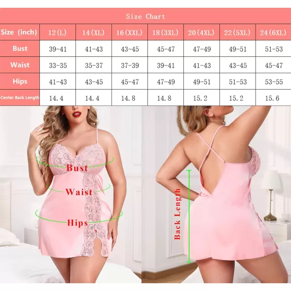 Avidlove Plus Size Lingerie For Women Sexy Satin Nightgown Lace Babydoll Side Slit Strappy Chemise FloralPink