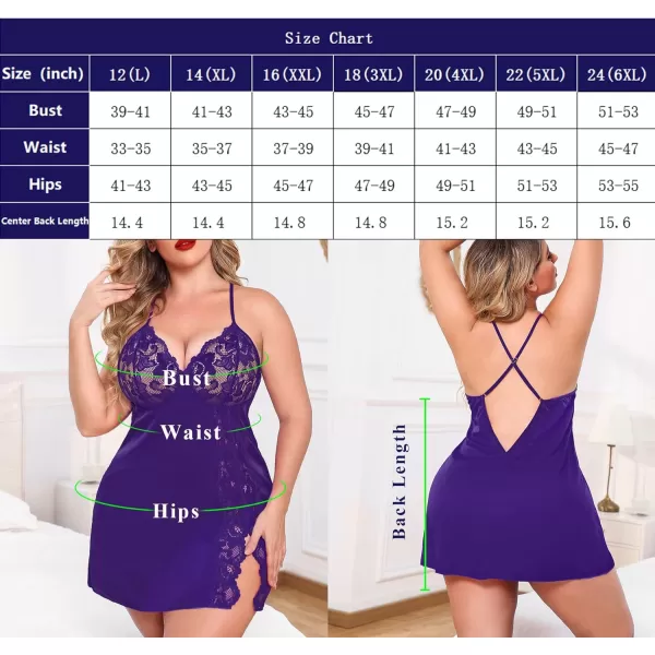 Avidlove Plus Size Lingerie For Women Sexy Satin Nightgown Lace Babydoll Side Slit Strappy Chemise FloralPurple