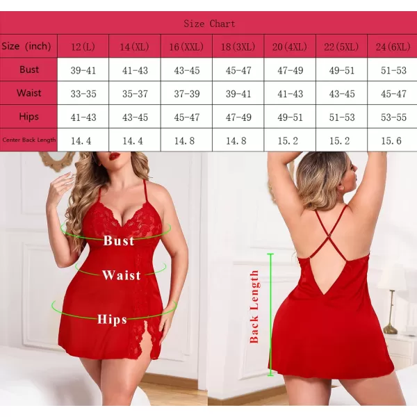 Avidlove Plus Size Lingerie For Women Sexy Satin Nightgown Lace Babydoll Side Slit Strappy Chemise FloralRich Red