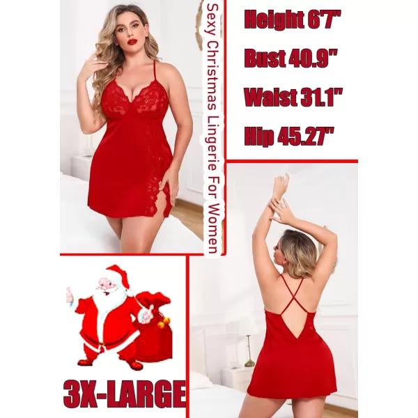 Avidlove Plus Size Lingerie For Women Sexy Satin Nightgown Lace Babydoll Side Slit Strappy Chemise FloralRich Red