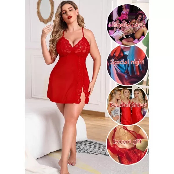 Avidlove Plus Size Lingerie For Women Sexy Satin Nightgown Lace Babydoll Side Slit Strappy Chemise FloralRich Red