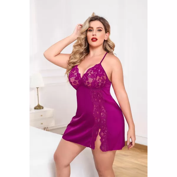 Avidlove Plus Size Lingerie For Women Sexy Satin Nightgown Lace Babydoll Side Slit Strappy Chemise FloralRose Red