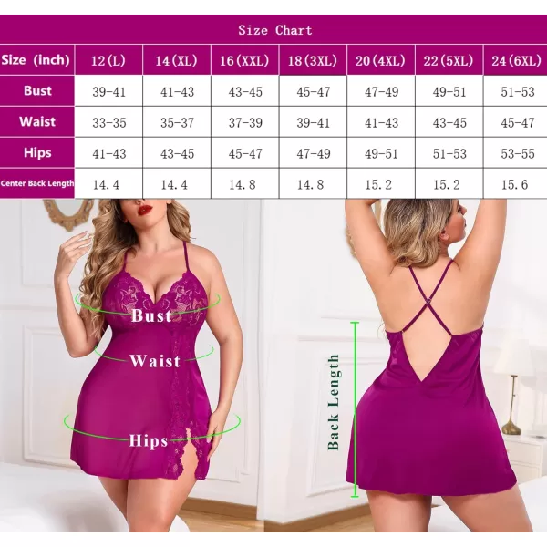 Avidlove Plus Size Lingerie For Women Sexy Satin Nightgown Lace Babydoll Side Slit Strappy Chemise FloralRose Red