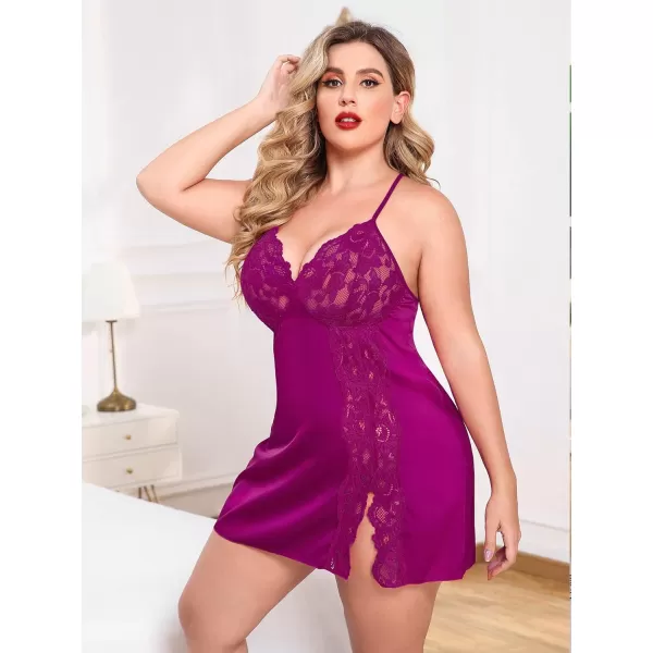 Avidlove Plus Size Lingerie For Women Sexy Satin Nightgown Lace Babydoll Side Slit Strappy Chemise FloralRose Red