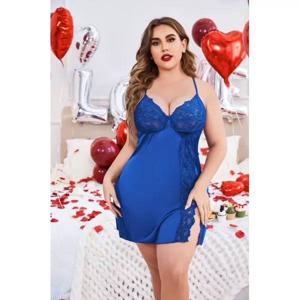 Avidlove Plus Size Lingerie For Women Sexy Satin Nightgown Lace Babydoll Side Slit Strappy Chemise FloralSky Blue