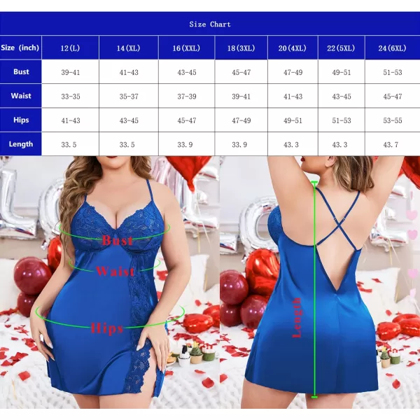 Avidlove Plus Size Lingerie For Women Sexy Satin Nightgown Lace Babydoll Side Slit Strappy Chemise FloralSky Blue