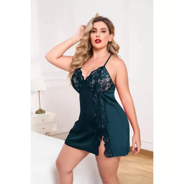 Avidlove Plus Size Lingerie For Women Sexy Satin Nightgown Lace Babydoll Side Slit Strappy Chemise FloralTeal