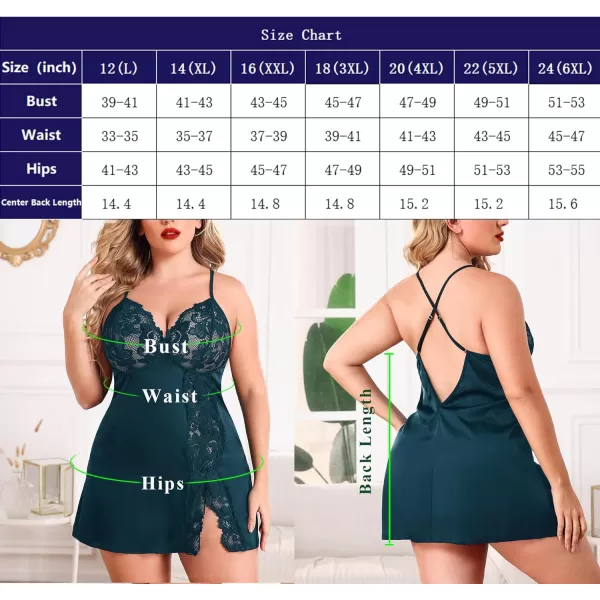 Avidlove Plus Size Lingerie For Women Sexy Satin Nightgown Lace Babydoll Side Slit Strappy Chemise FloralTeal