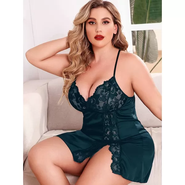 Avidlove Plus Size Lingerie For Women Sexy Satin Nightgown Lace Babydoll Side Slit Strappy Chemise FloralTeal