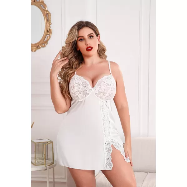 Avidlove Plus Size Lingerie For Women Sexy Satin Nightgown Lace Babydoll Side Slit Strappy Chemise FloralWhite