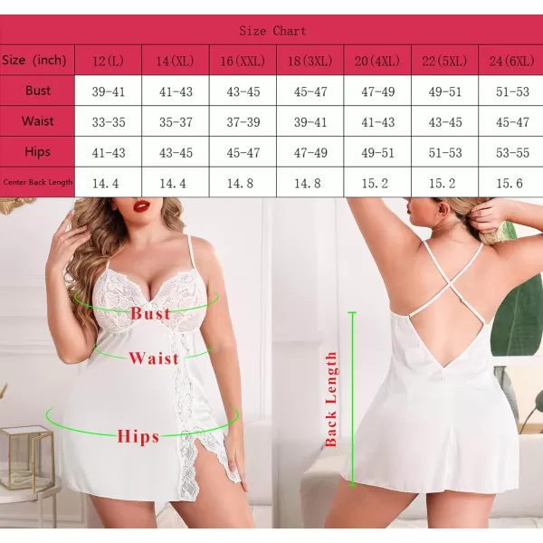 Avidlove Plus Size Lingerie For Women Sexy Satin Nightgown Lace Babydoll Side Slit Strappy Chemise FloralWhite