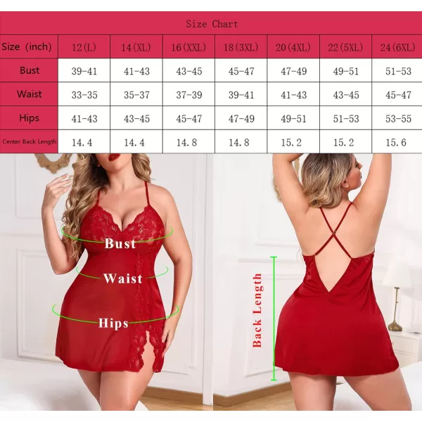 Avidlove Plus Size Lingerie For Women Sexy Satin Nightgown Lace Babydoll Side Slit Strappy Chemise FloralWine Red