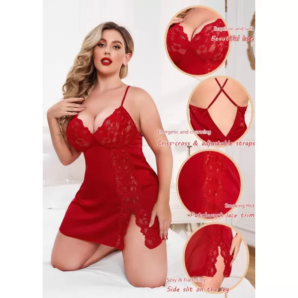 Avidlove Plus Size Lingerie For Women Sexy Satin Nightgown Lace Babydoll Side Slit Strappy Chemise FloralWine Red