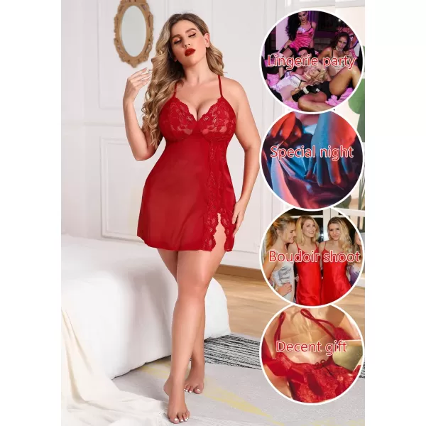 Avidlove Plus Size Lingerie For Women Sexy Satin Nightgown Lace Babydoll Side Slit Strappy Chemise FloralWine Red