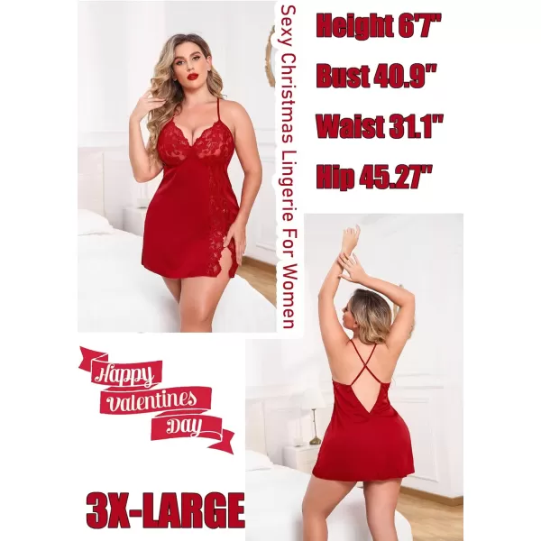 Avidlove Plus Size Lingerie For Women Sexy Satin Nightgown Lace Babydoll Side Slit Strappy Chemise FloralWine Red