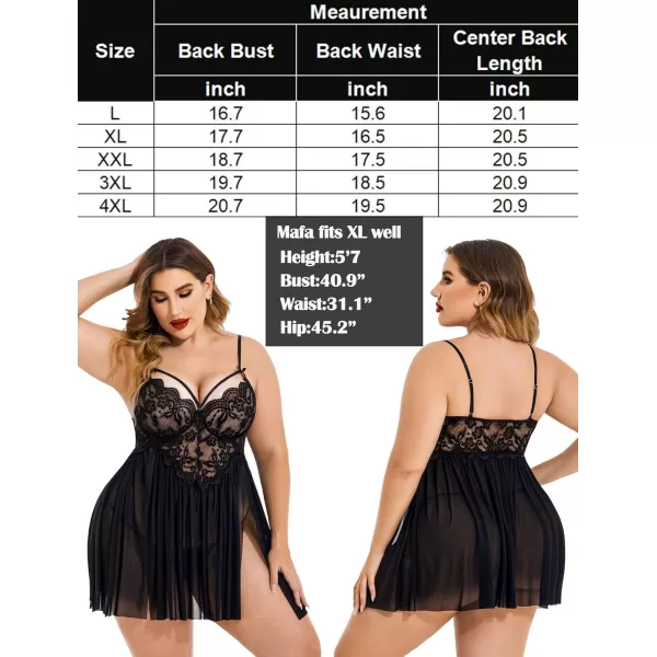 Avidlove Plus Size Lingerie Lace Babydoll Womens Strap Chemise Nightgown V Neck Nighty Mesh Sleepwear Side Slit NightdressPlus Size 1black