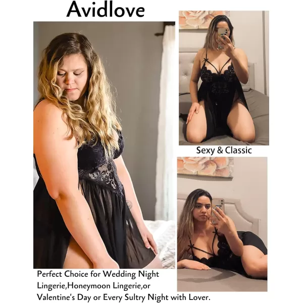 Avidlove Plus Size Lingerie Lace Babydoll Womens Strap Chemise Nightgown V Neck Nighty Mesh Sleepwear Side Slit NightdressPlus Size 1black