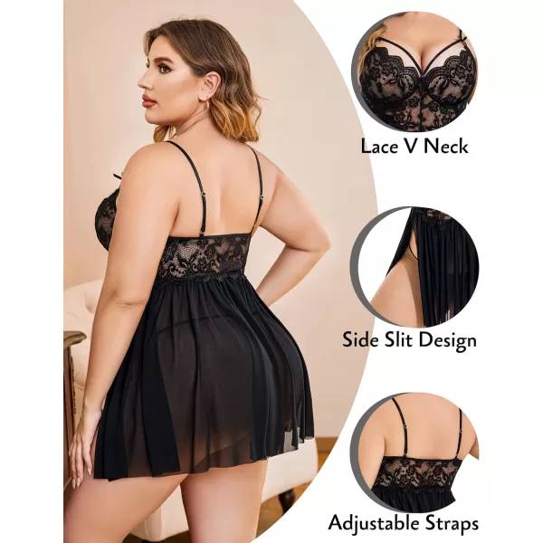 Avidlove Plus Size Lingerie Lace Babydoll Womens Strap Chemise Nightgown V Neck Nighty Mesh Sleepwear Side Slit NightdressPlus Size 1black