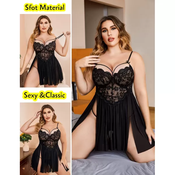 Avidlove Plus Size Lingerie Lace Babydoll Womens Strap Chemise Nightgown V Neck Nighty Mesh Sleepwear Side Slit NightdressPlus Size 1black