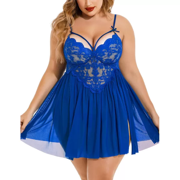 Avidlove Plus Size Lingerie Lace Babydoll Womens Strap Chemise Nightgown V Neck Nighty Mesh Sleepwear Side Slit NightdressPlus Size 1blue