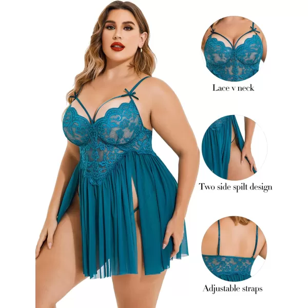 Avidlove Plus Size Lingerie Lace Babydoll Womens Strap Chemise Nightgown V Neck Nighty Mesh Sleepwear Side Slit NightdressPlus Size 1blue Green