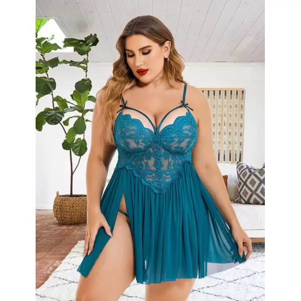 Avidlove Plus Size Lingerie Lace Babydoll Womens Strap Chemise Nightgown V Neck Nighty Mesh Sleepwear Side Slit NightdressPlus Size 1blue Green