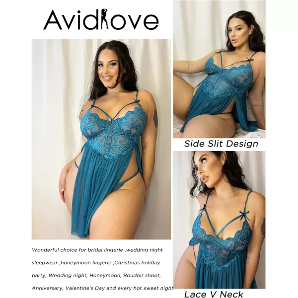 Avidlove Plus Size Lingerie Lace Babydoll Womens Strap Chemise Nightgown V Neck Nighty Mesh Sleepwear Side Slit NightdressPlus Size 1blue Green