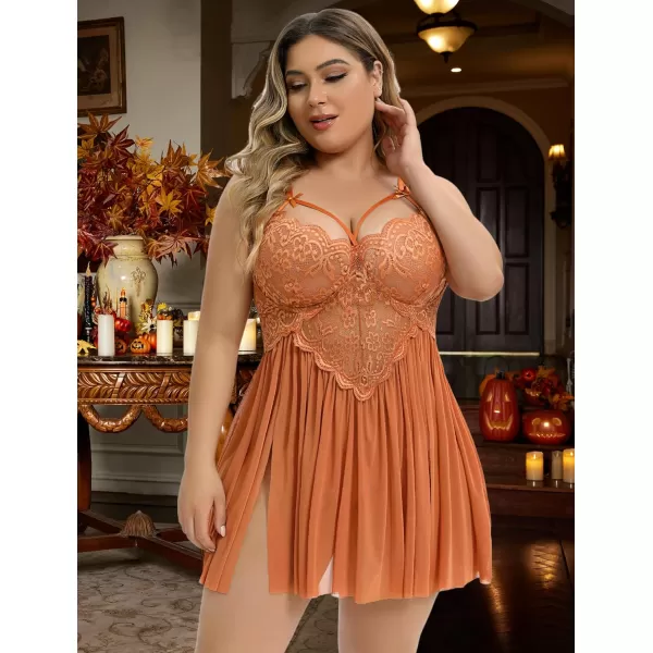 Avidlove Plus Size Lingerie Lace Babydoll Womens Strap Chemise Nightgown V Neck Nighty Mesh Sleepwear Side Slit NightdressPlus Size 1caramel