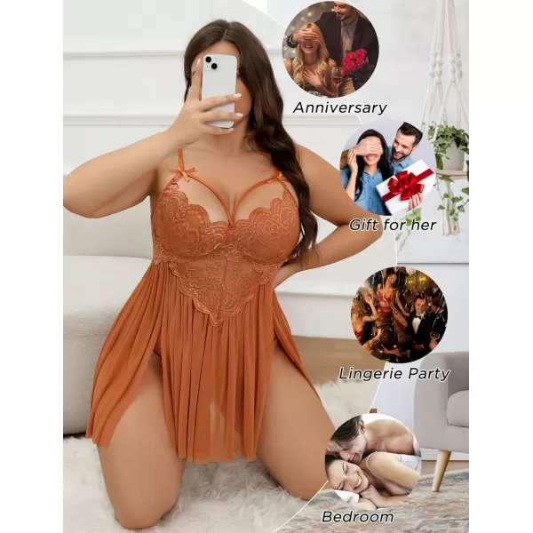 Avidlove Plus Size Lingerie Lace Babydoll Womens Strap Chemise Nightgown V Neck Nighty Mesh Sleepwear Side Slit NightdressPlus Size 1caramel