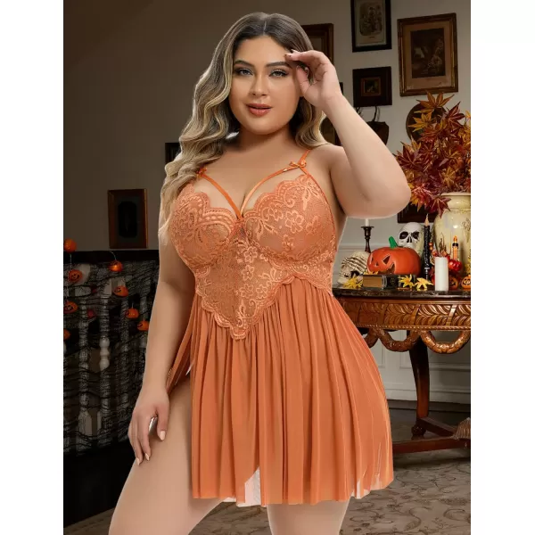 Avidlove Plus Size Lingerie Lace Babydoll Womens Strap Chemise Nightgown V Neck Nighty Mesh Sleepwear Side Slit NightdressPlus Size 1caramel