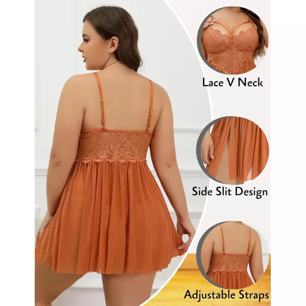 Avidlove Plus Size Lingerie Lace Babydoll Womens Strap Chemise Nightgown V Neck Nighty Mesh Sleepwear Side Slit NightdressPlus Size 1caramel