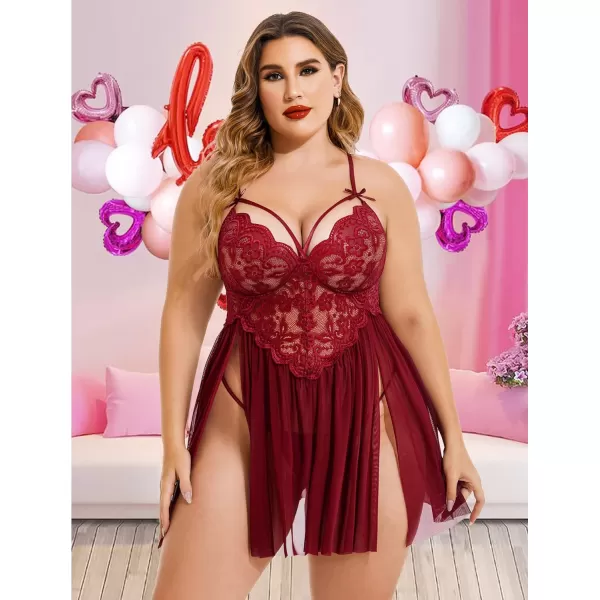 Avidlove Plus Size Lingerie Lace Babydoll Womens Strap Chemise Nightgown V Neck Nighty Mesh Sleepwear Side Slit NightdressPlus Size 1dark Red