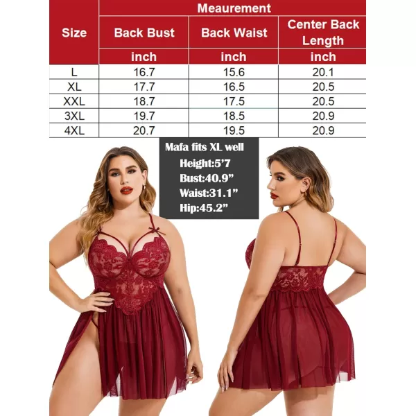 Avidlove Plus Size Lingerie Lace Babydoll Womens Strap Chemise Nightgown V Neck Nighty Mesh Sleepwear Side Slit NightdressPlus Size 1dark Red