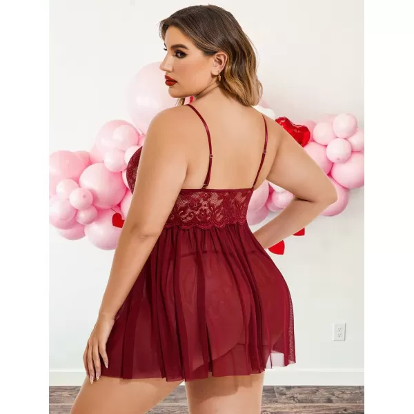 Avidlove Plus Size Lingerie Lace Babydoll Womens Strap Chemise Nightgown V Neck Nighty Mesh Sleepwear Side Slit NightdressPlus Size 1dark Red