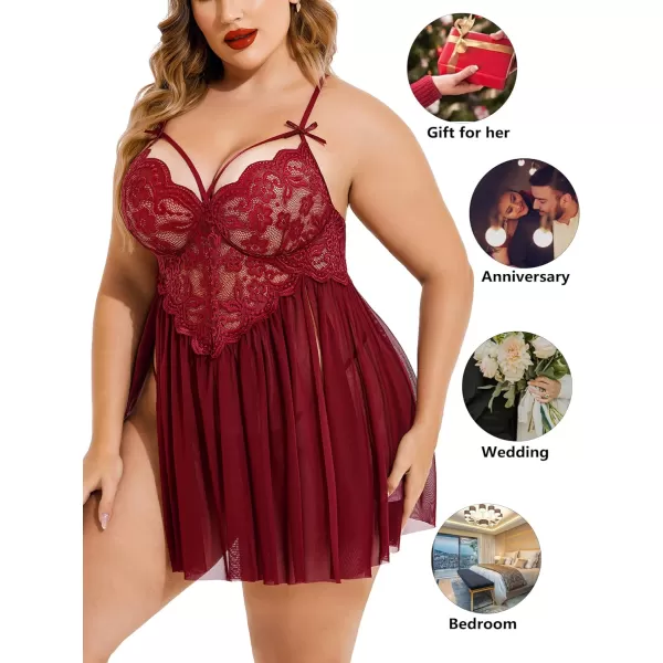 Avidlove Plus Size Lingerie Lace Babydoll Womens Strap Chemise Nightgown V Neck Nighty Mesh Sleepwear Side Slit NightdressPlus Size 1dark Red