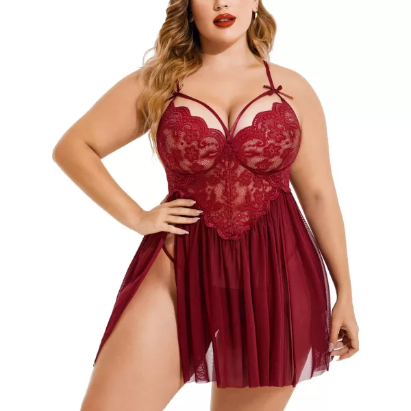 Avidlove Plus Size Lingerie Lace Babydoll Womens Strap Chemise Nightgown V Neck Nighty Mesh Sleepwear Side Slit NightdressPlus Size 1dark Red