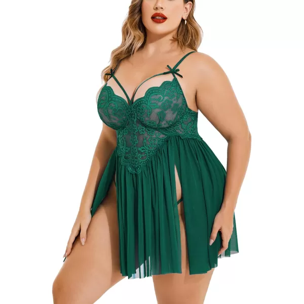 Avidlove Plus Size Lingerie Lace Babydoll Womens Strap Chemise Nightgown V Neck Nighty Mesh Sleepwear Side Slit NightdressPlus Size 1drak Green