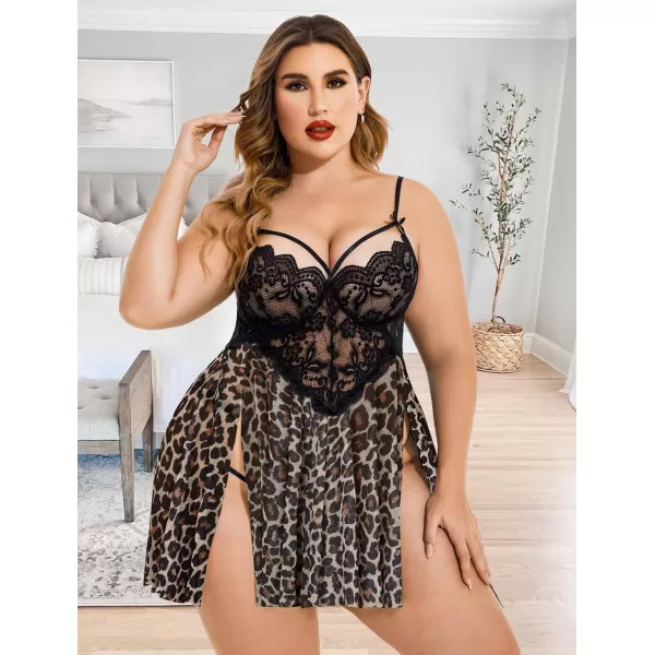 Avidlove Plus Size Lingerie Lace Babydoll Womens Strap Chemise Nightgown V Neck Nighty Mesh Sleepwear Side Slit NightdressPlus Size 1leopard