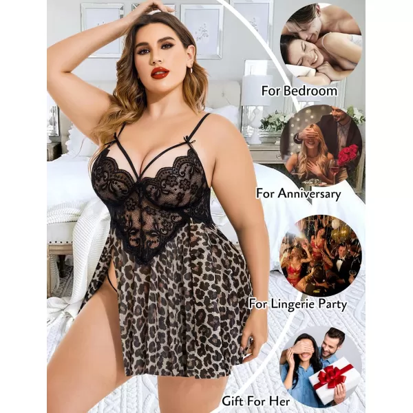 Avidlove Plus Size Lingerie Lace Babydoll Womens Strap Chemise Nightgown V Neck Nighty Mesh Sleepwear Side Slit NightdressPlus Size 1leopard