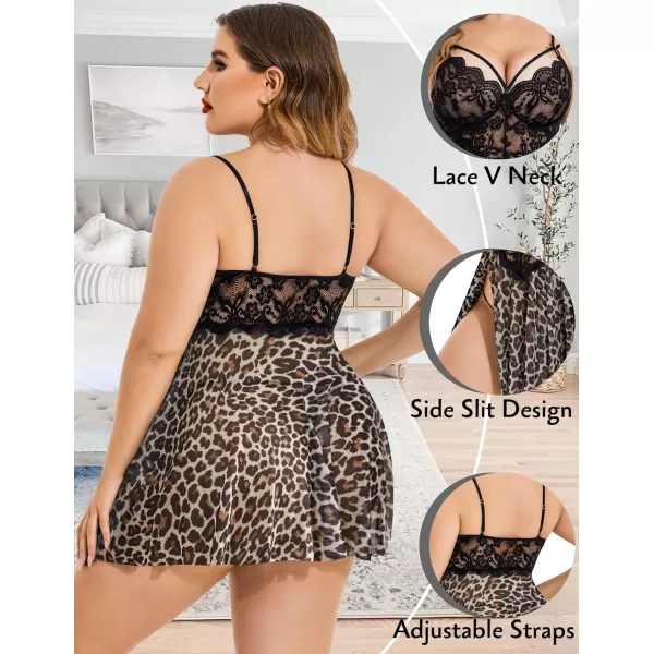 Avidlove Plus Size Lingerie Lace Babydoll Womens Strap Chemise Nightgown V Neck Nighty Mesh Sleepwear Side Slit NightdressPlus Size 1leopard