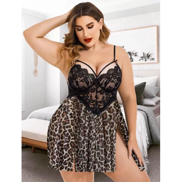 Avidlove Plus Size Lingerie Lace Babydoll Womens Strap Chemise Nightgown V Neck Nighty Mesh Sleepwear Side Slit NightdressPlus Size 1leopard